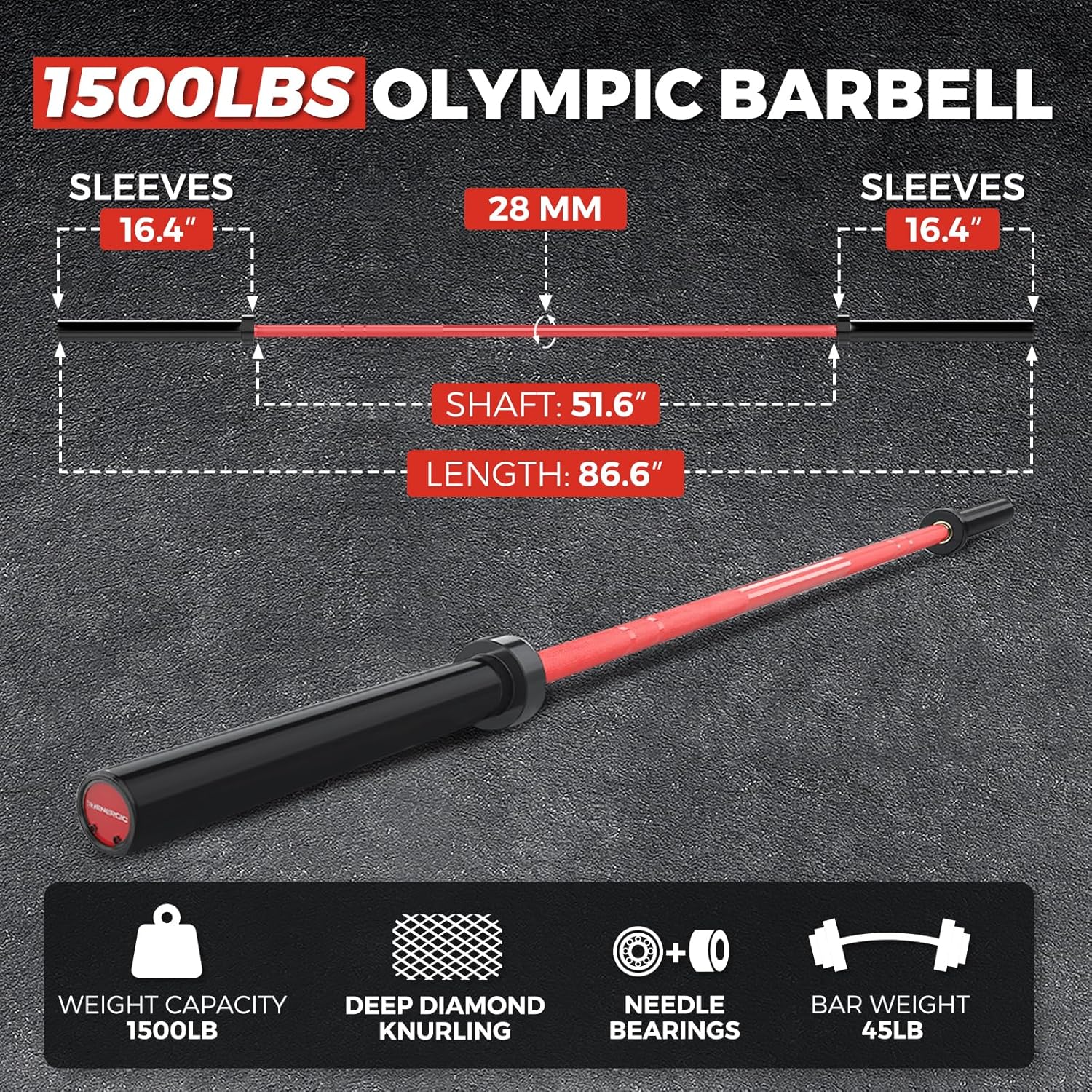 7ft Olympic Barbell Bar 45LB Load 1500lbs Capacity Available, for Gym Home Exercises, Weightlifting, Powerlifting for 2" Olympic Plates - Image 2